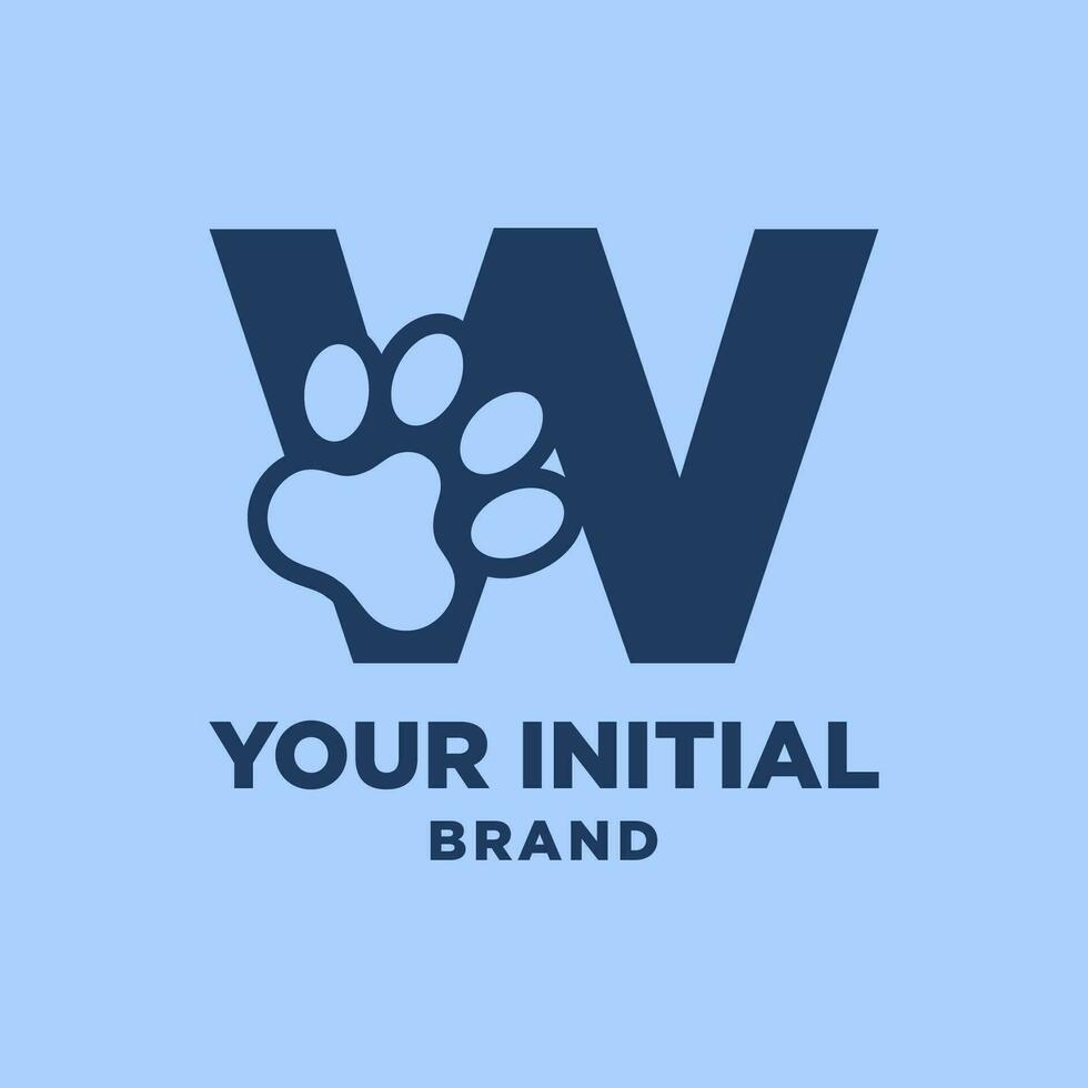 letter W paw print dog foot silhouette in negative space initial vector logo design