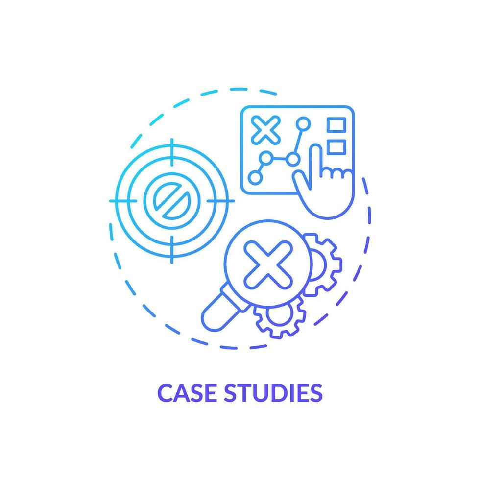 Case studies blue gradient concept icon. Problem solving skills. Hands on learning. Marketing strategy. Sales improvement. Round shape line illustration. Abstract idea. Graphic design. Easy to use vector