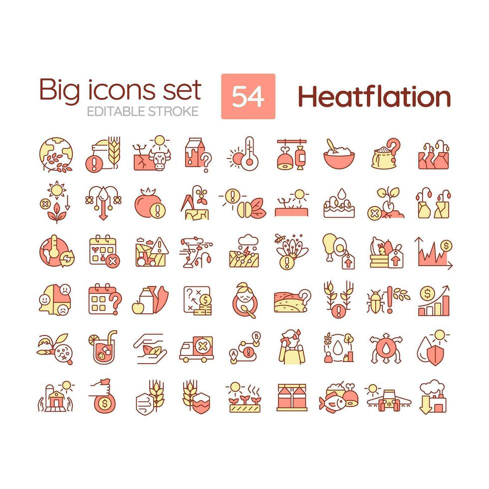 Editable big icons set representing heatflation, isolated vector, global warming impact thin line illustration. vector