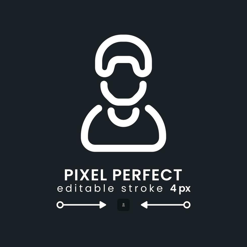 Employee white linear desktop icon on black. Personal account. Team member. Project manager. Human resources. Pixel perfect, outline 4px. Isolated user interface symbol for dark theme. Editable stroke vector