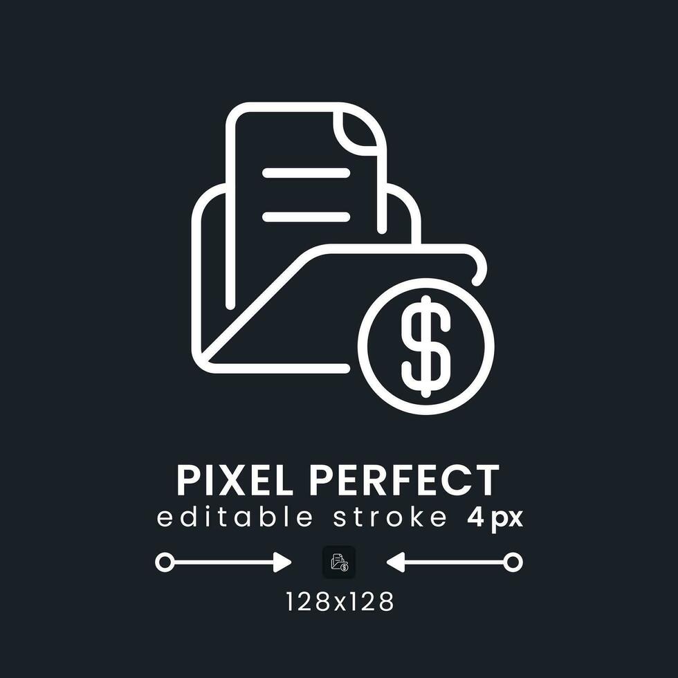 Invoicing white linear desktop icon on black. Accounting software. Billing system. Expense tracker. Pixel perfect 128x128, outline 4px. Isolated user interface symbol for dark theme. Editable stroke vector