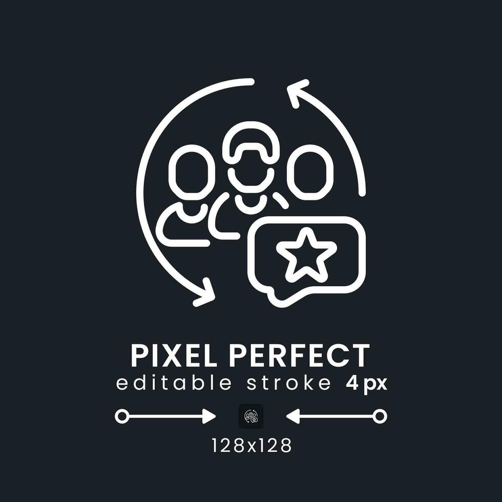 CRM apps white linear desktop icon on black. Marketing software. Customer relationship management. Pixel perfect 128x128, outline 4px. Isolated user interface symbol for dark theme. Editable stroke vector