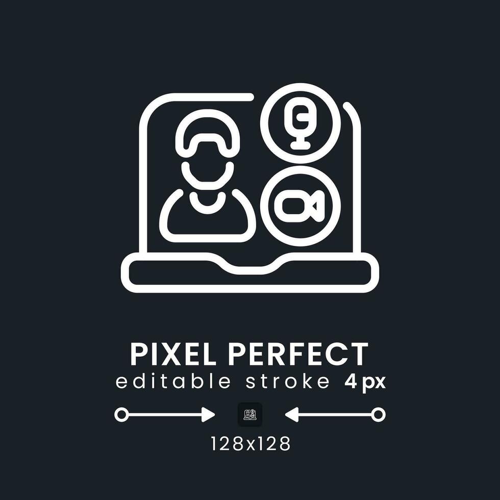 Video conferencing white linear desktop icon on black. Business communication. Online meeting. Pixel perfect 128x128, outline 4px. Isolated user interface symbol for dark theme. Editable stroke vector