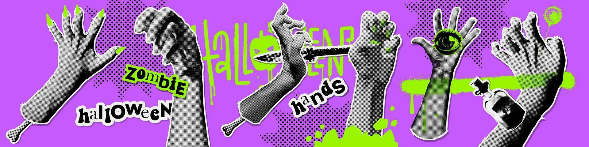 Set of halftone zombie hands. Scary zombie arms with retro halftone dotted effect for decoration of Halloween celebrations. Collection of paper torn out collage elements. Vector graffiti elements.