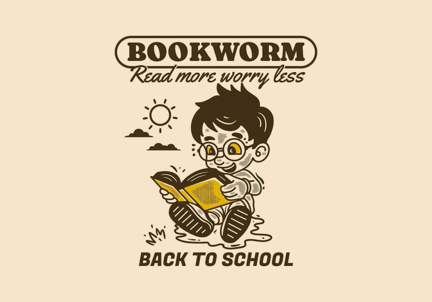 Bookworm, read more worry less, illustration of a little boy sitting and reading a book vector