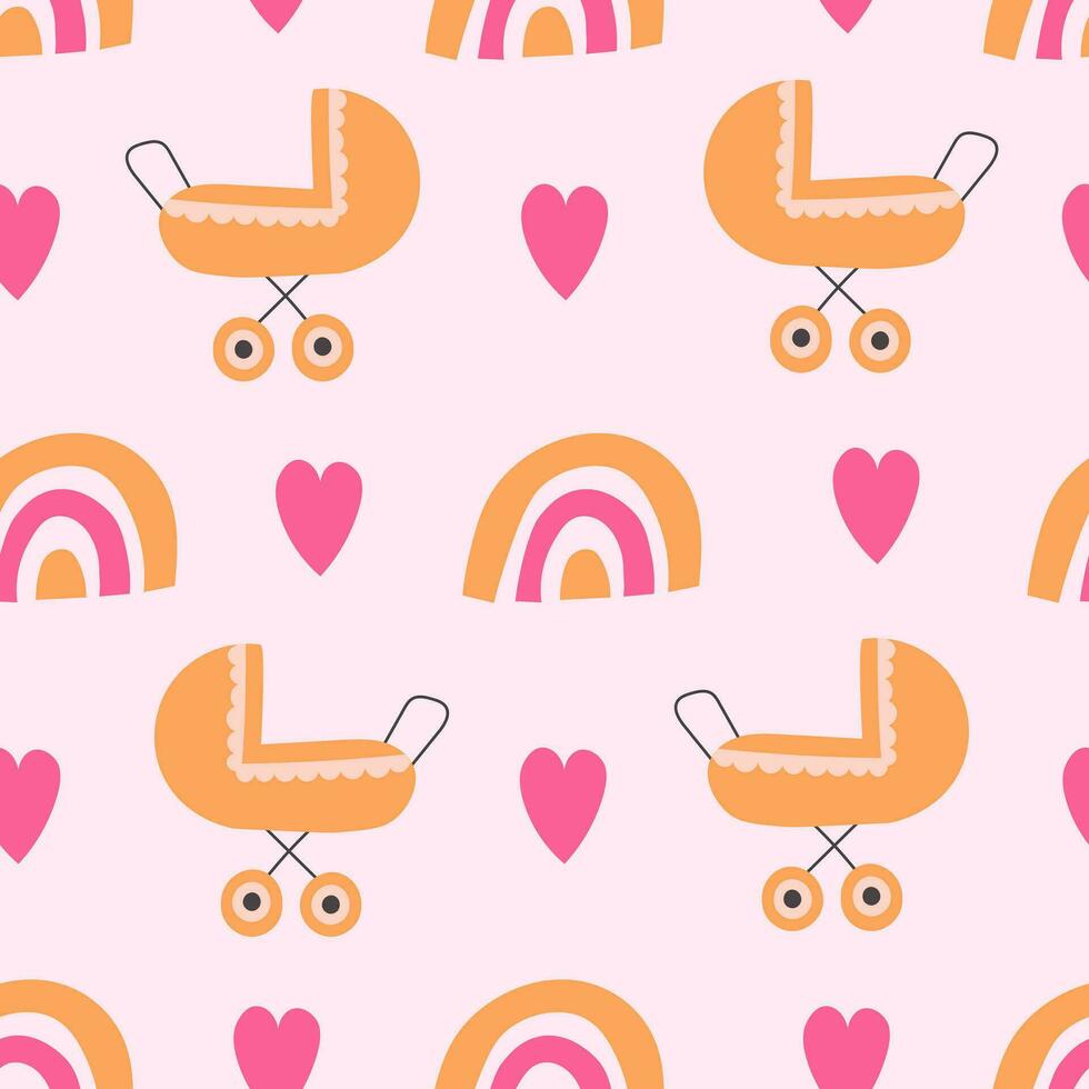 Baby seamless pattern with carriage rainbow heart vector