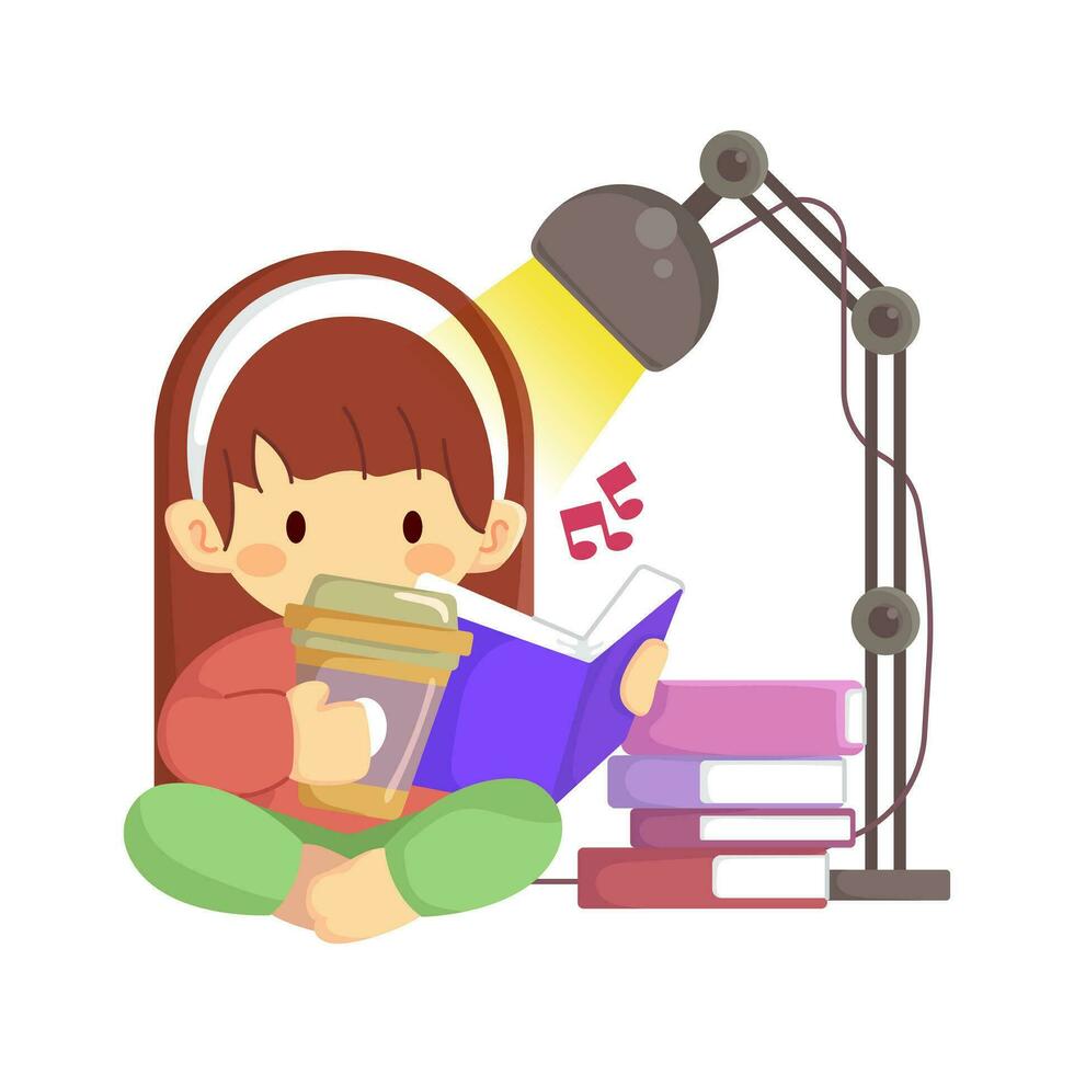 Cute little girl sipping coffee while reading a book vector