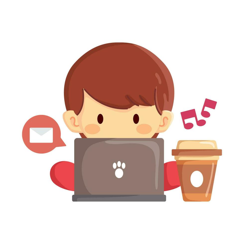 A cute little boy is checking or replying to messages over coffee vector
