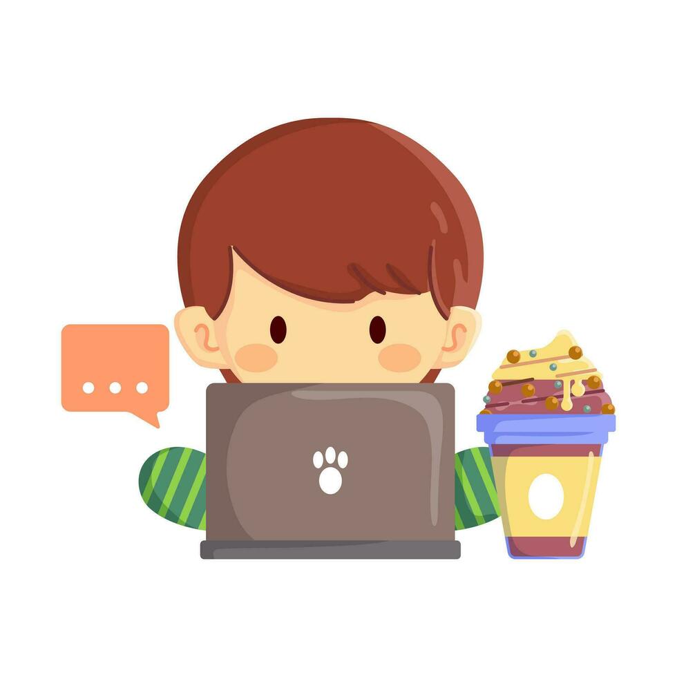A cute little boy is checking or replying to messages over coffee vector