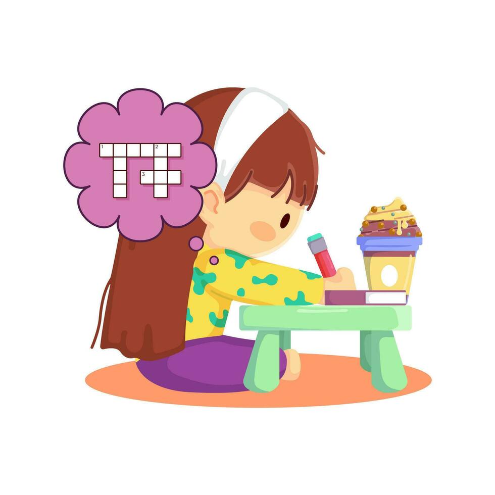 Cute little girl filling out a crossword puzzle while enjoying coffee Cute little girl filling out a crossword puzzle while enjoying coffee