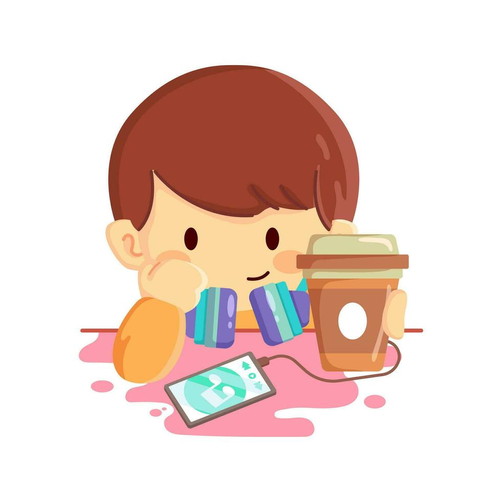 A cute little boy is looking out of the window while enjoying coffee vector