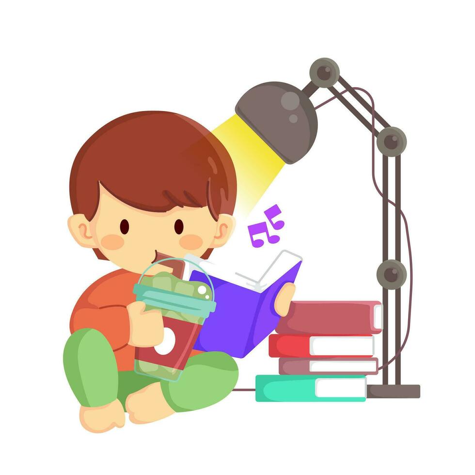 Cute little boy sipping coffee while reading a book vector