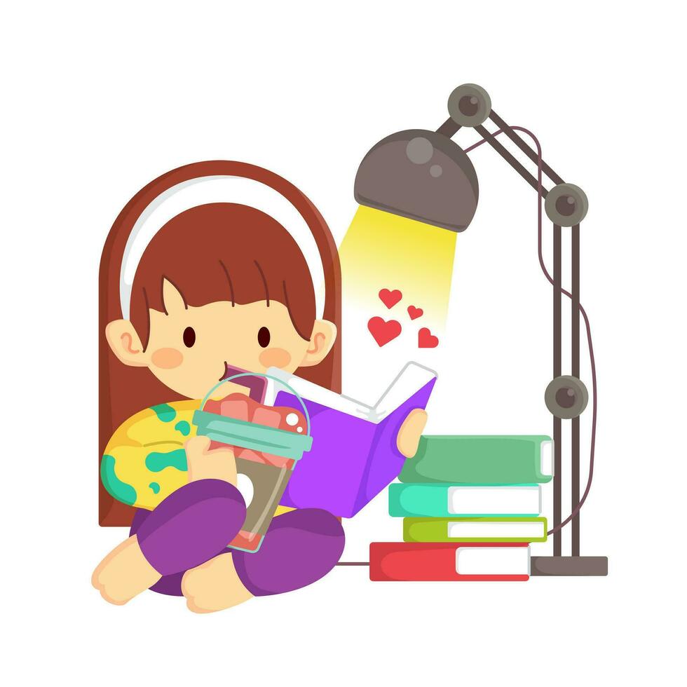 Cute little girl sipping coffee while reading a book vector