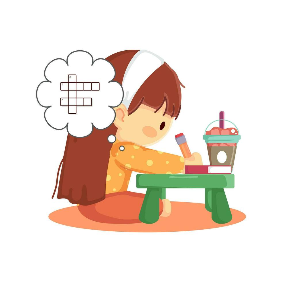 Cute little girl filling out a crossword puzzle while enjoying coffee vector