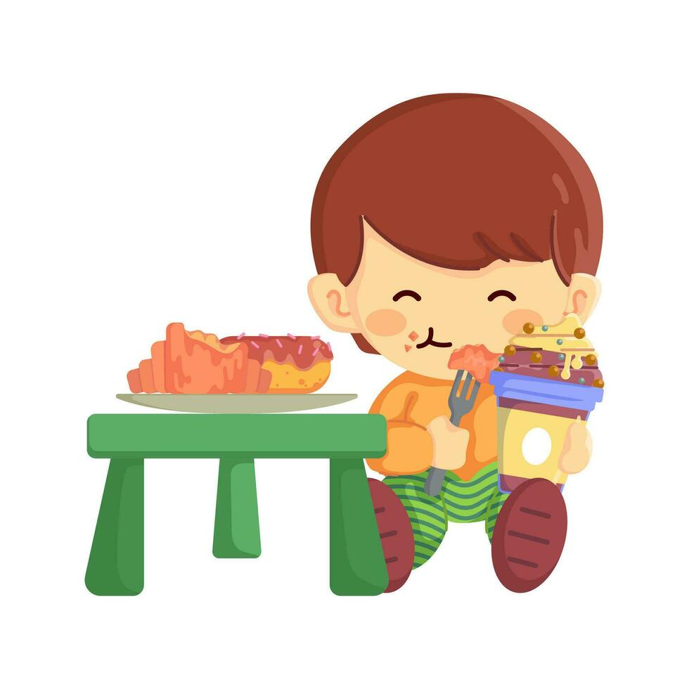 A cute little boy enjoying a pastry or snack with his coffee vector