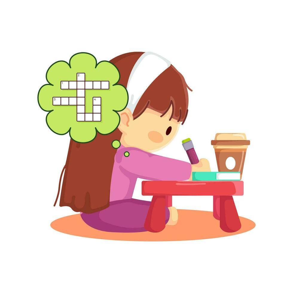 Cute little girl filling out a crossword puzzle while enjoying coffee vector