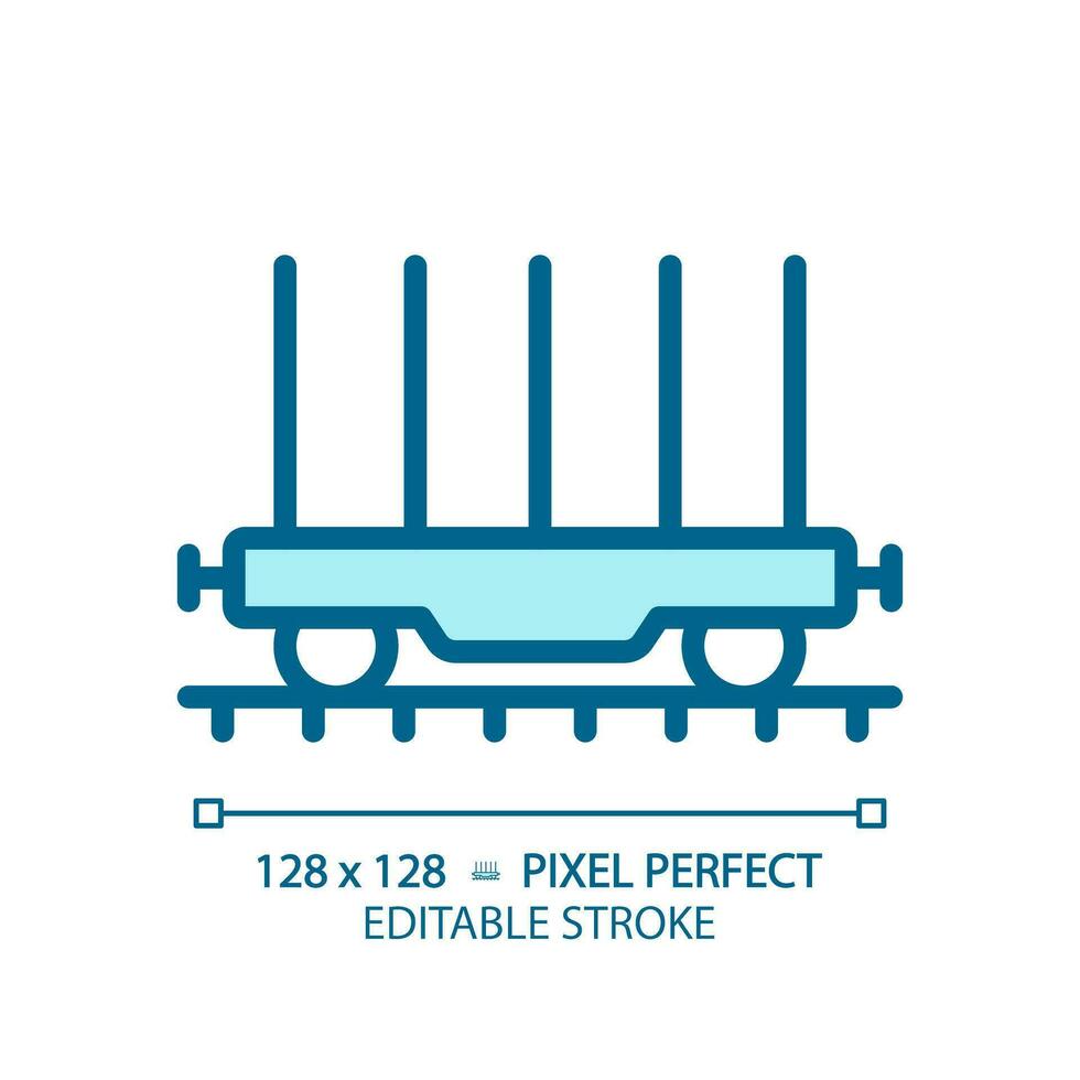 Flatcar pixel perfect blue RGB color icon. Freight railroad car. Open platform. Shipping container. Rolling stock. Isolated vector illustration. Simple filled line drawing. Editable stroke