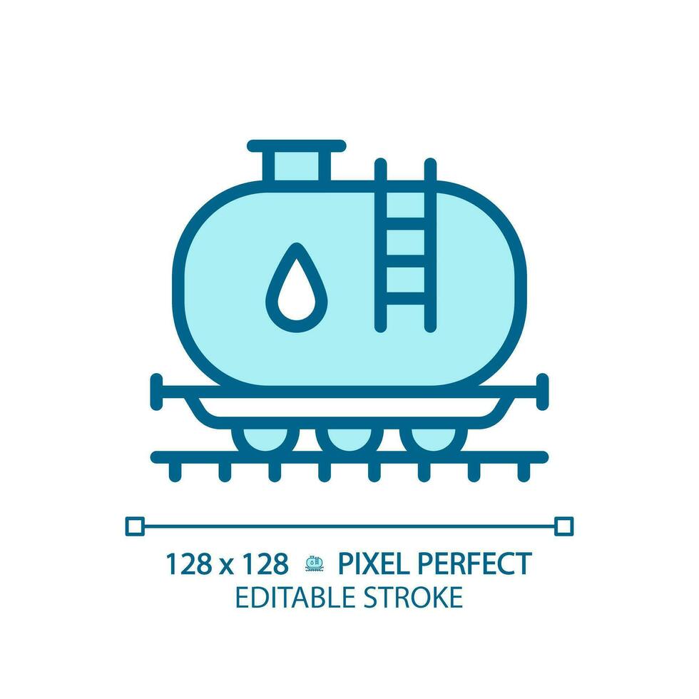 Tank car pixel perfect blue RGB color icon. Gasoline transportation. Railroad wagon. Diesel fuel. Liquid cargo. Isolated vector illustration. Simple filled line drawing. Editable stroke