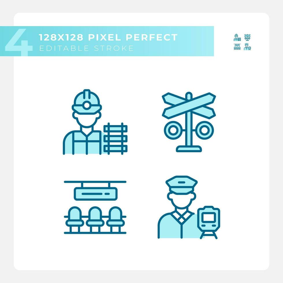 Railroad infrastructure pixel perfect blue RGB color icons set. Public transportation. Railway employment. Isolated vector illustrations. Simple filled line drawings collection. Editable stroke
