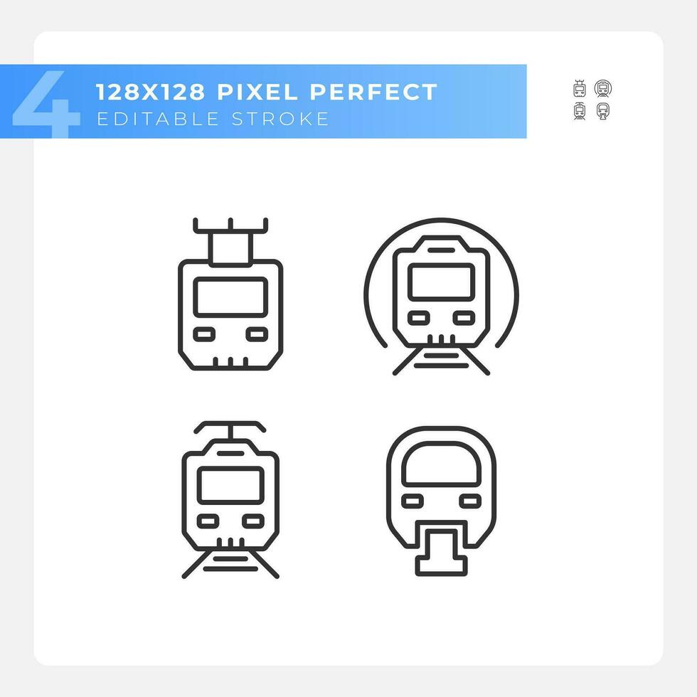 Passenger train pixel perfect linear icons set. Steam locomotive. Rail transportation. High speed. Customizable thin line symbols. Isolated vector outline illustrations. Editable stroke