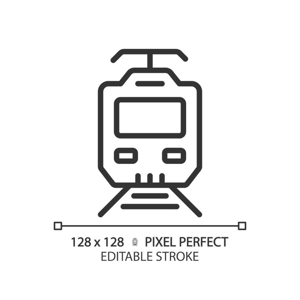 Electric train pixel perfect linear icon. Modern locomotive. High speed. Railway electrification. Overhead lines. Thin line illustration. Contour symbol. Vector outline drawing. Editable stroke