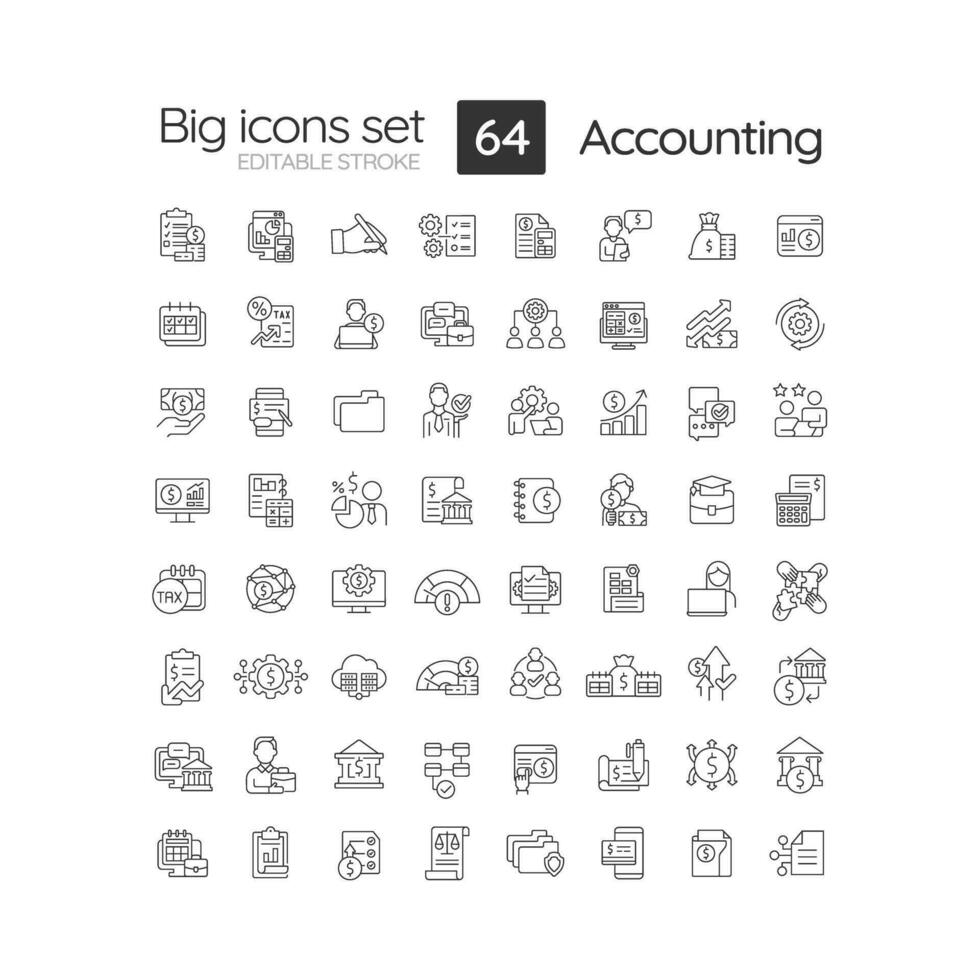 Accounting linear icons set. Financial transactions. Recording business activities. Finance management. Customizable thin line symbols. Isolated vector outline illustrations. Editable stroke
