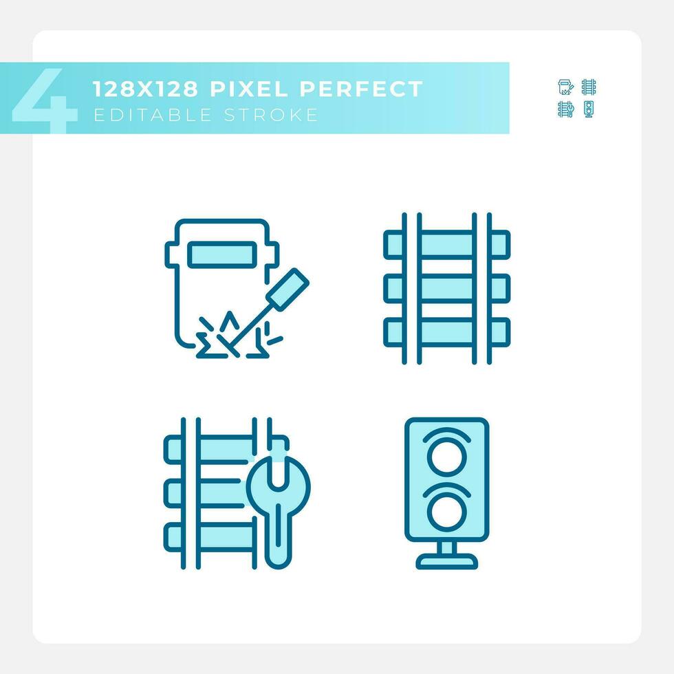 Railroad maintenance pixel perfect blue RGB color icons set. Railway track repair. Rail safety. Engineering work. Isolated vector illustrations. Simple filled line drawings collection. Editable stroke