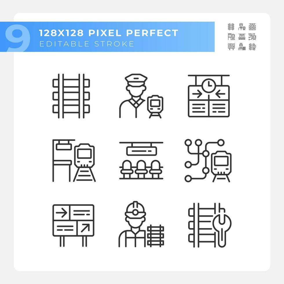Railroad industry pixel perfect linear icons set. Railway station. Passenger rail. Rapid transit. Customizable thin line symbols. Isolated vector outline illustrations. Editable stroke
