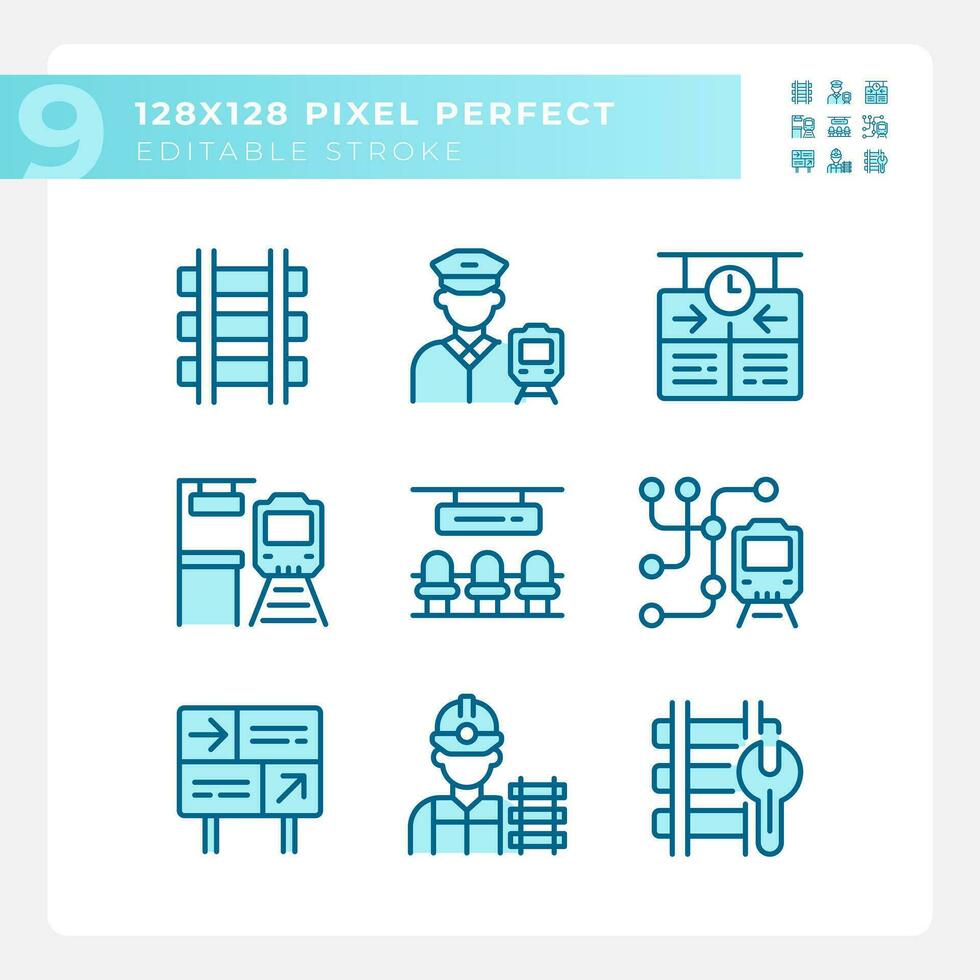 Railroad industry pixel perfect blue RGB color icons set. Railway station. Passenger rail. Rapid transit. Isolated vector illustrations. Simple filled line drawings collection. Editable stroke