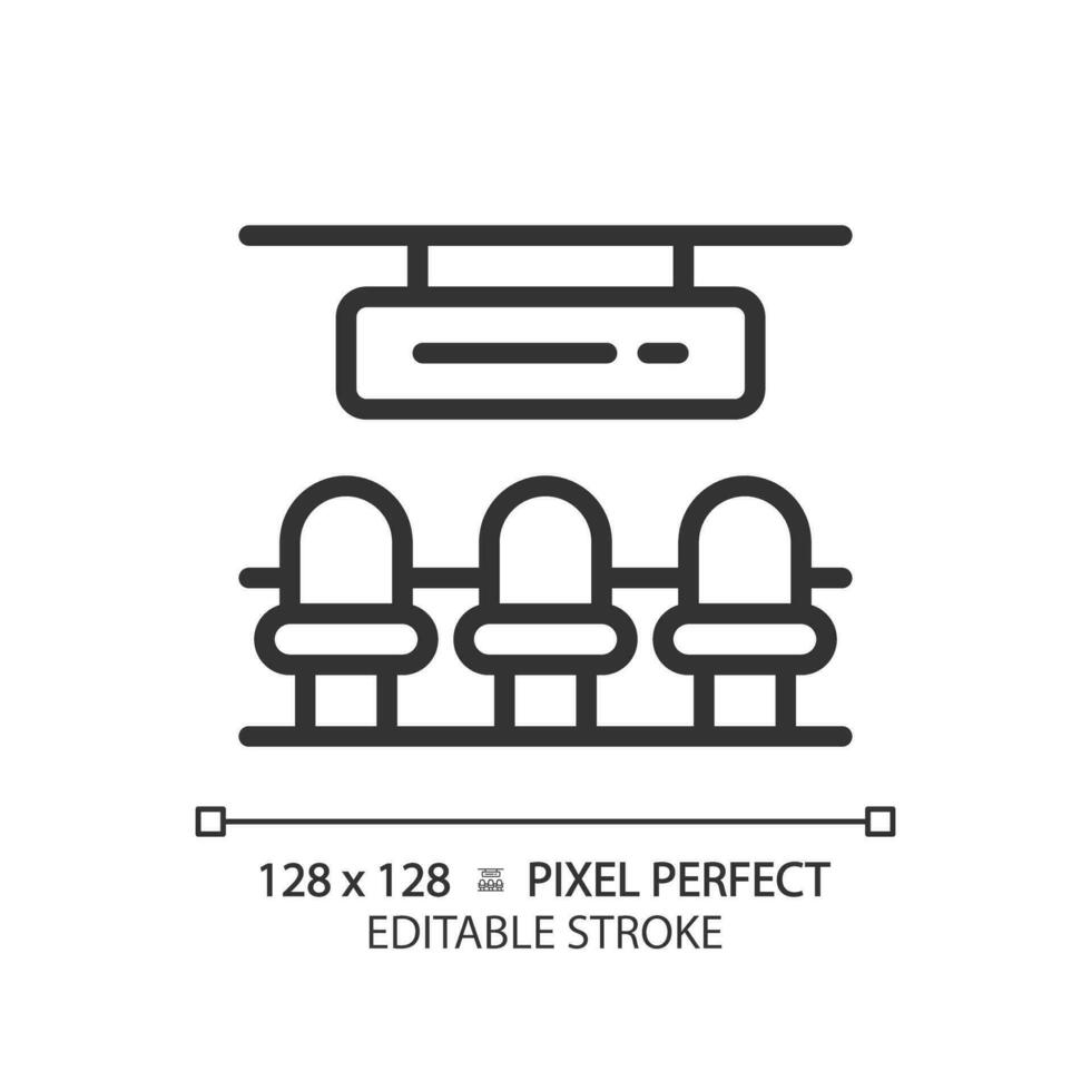Waiting hall pixel perfect linear icon. Railway station. Passenger terminal seats. Airport lounge. Departure gate. Thin line illustration. Contour symbol. Vector outline drawing. Editable stroke