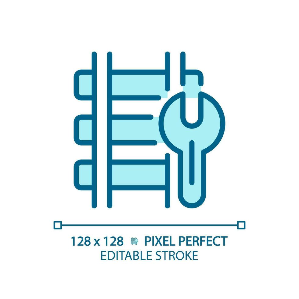 Railway maintenance pixel perfect blue RGB color icon. Train track repair. Railroad construction. Rail engineering. Isolated vector illustration. Simple filled line drawing. Editable stroke