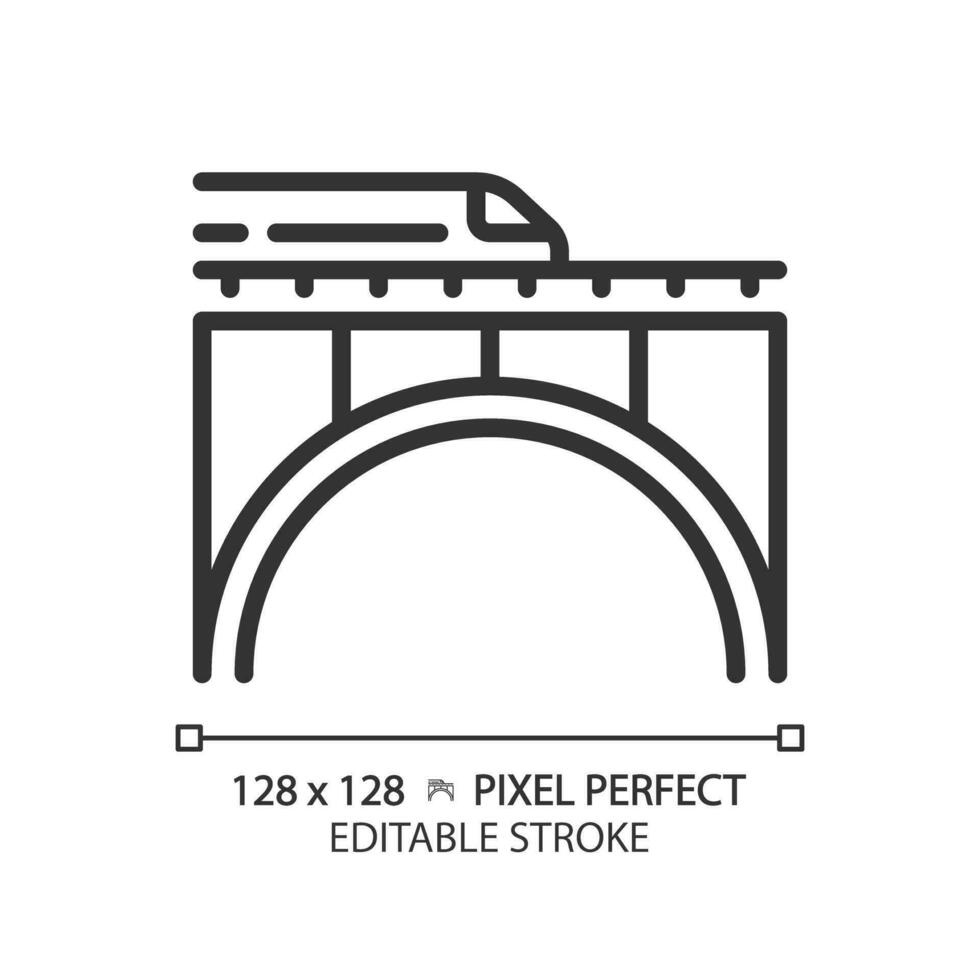 Railway bridge pixel perfect linear icon. Express train. Rail track. Urban infrastructure. Fast transport. Thin line illustration. Contour symbol. Vector outline drawing. Editable stroke