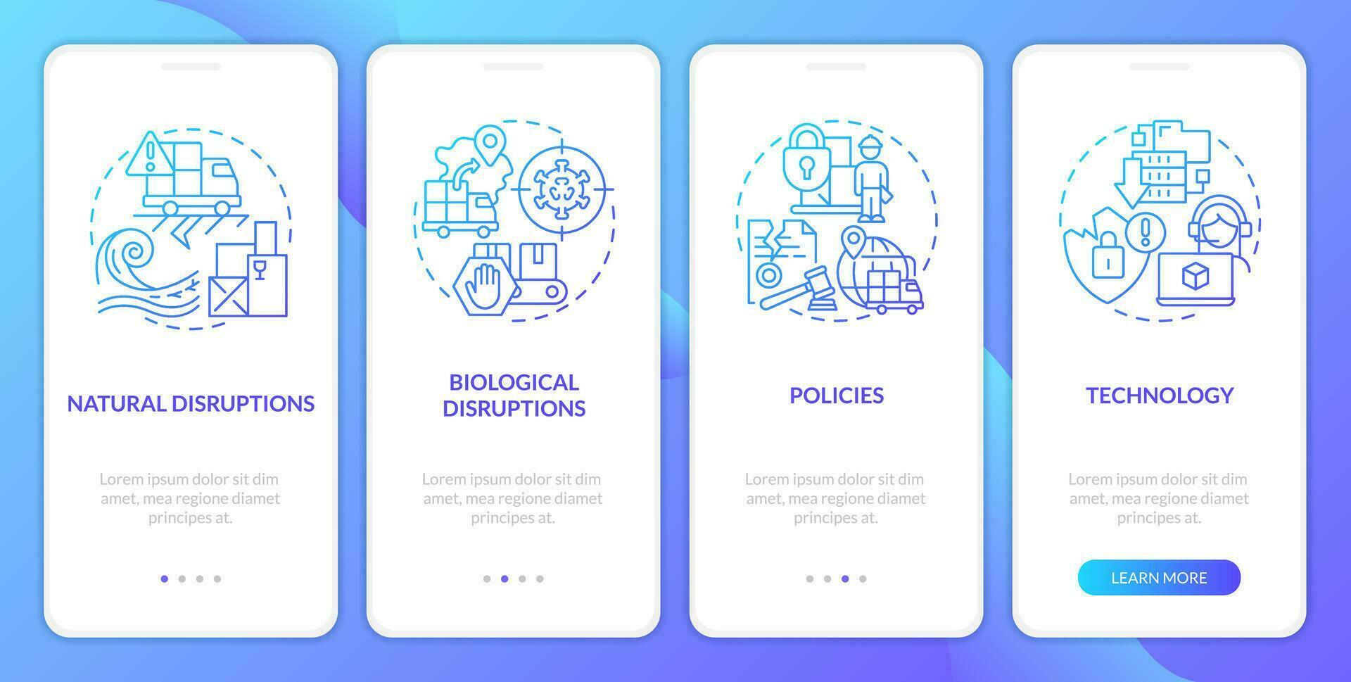 Supply chain disruptions blue gradient onboarding mobile app screen. Logistics walkthrough 4 steps graphic instructions with linear concepts. UI, UX, GUI template vector