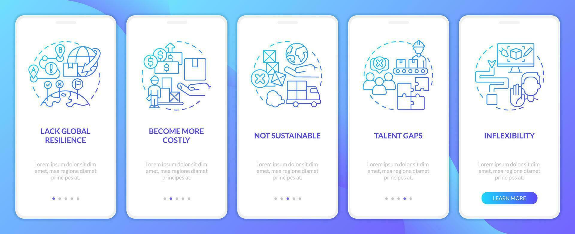 Supply chain challenges blue gradient onboarding mobile app screen. Delivery walkthrough 5 steps graphic instructions with linear concepts. UI, UX, GUI template vector