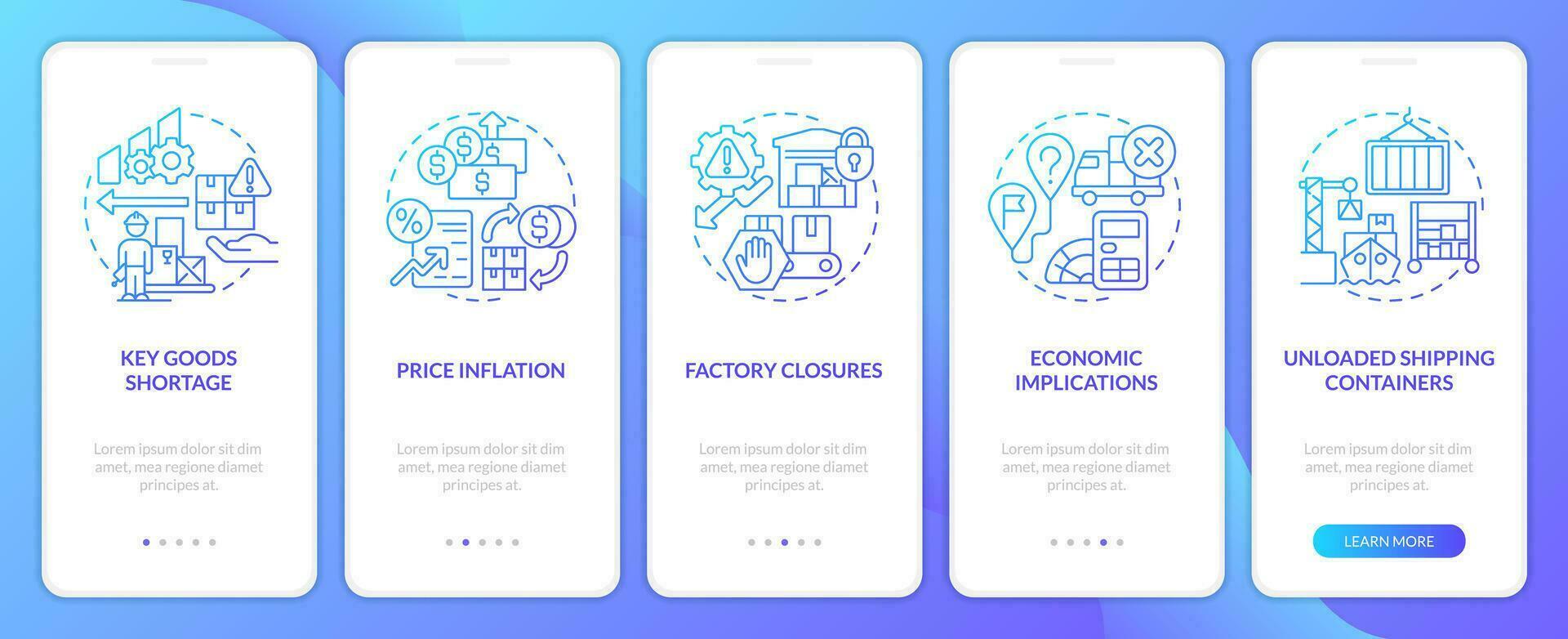 Vulnerabilities in supply chain blue gradient onboarding mobile app screen. Walkthrough 5 steps graphic instructions with linear concepts. UI, UX, GUI template vector
