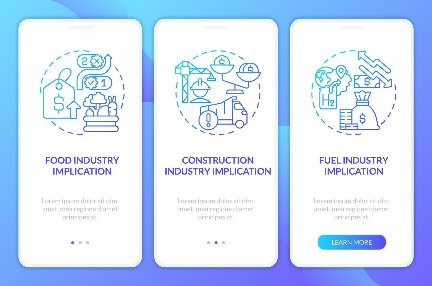 Supply chain disruption blue gradient onboarding mobile app screen. Walkthrough 3 steps graphic instructions with linear concepts. UI, UX, GUI template vector
