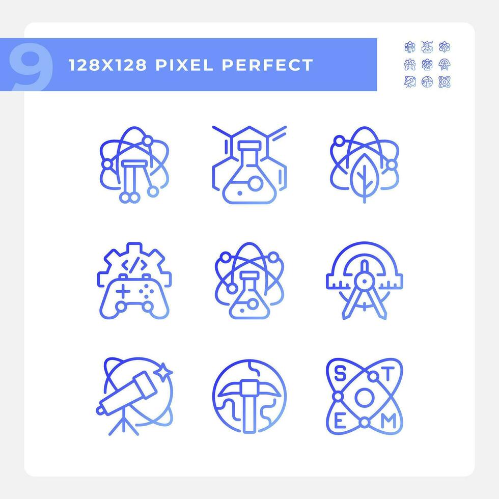 Opportunities of STEM education pixel perfect gradient linear vector icons set. Innovative scientific methods. Thin line contour symbol designs bundle. Isolated outline illustrations collection