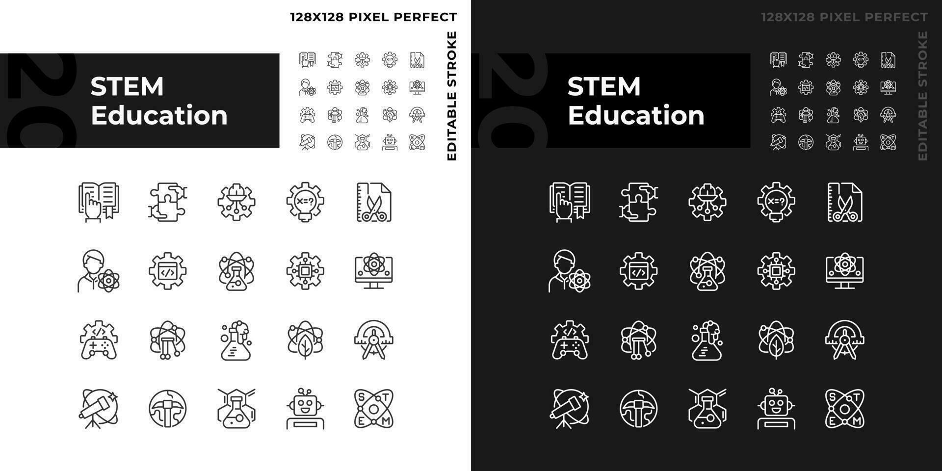 STEM education pixel perfect linear icons set for dark, light mode. Computing technology. Students development. Thin line symbols for night, day theme. Isolated illustrations. Editable stroke vector