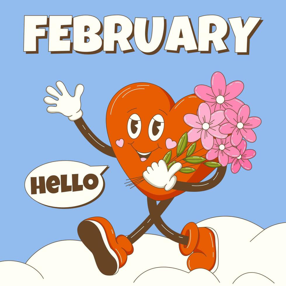 Hello February. Retro groovy heart character greets and carries flowers. Winter snow background, square format, dialog box. Happy Valentine's Day. Vector cartoon illustration.