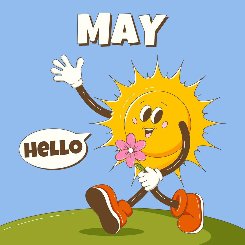 Hello May. Retro groovy sun character greets and holding a flower in hand. Spring background, square format, dialog box. Vector cartoon illustration.