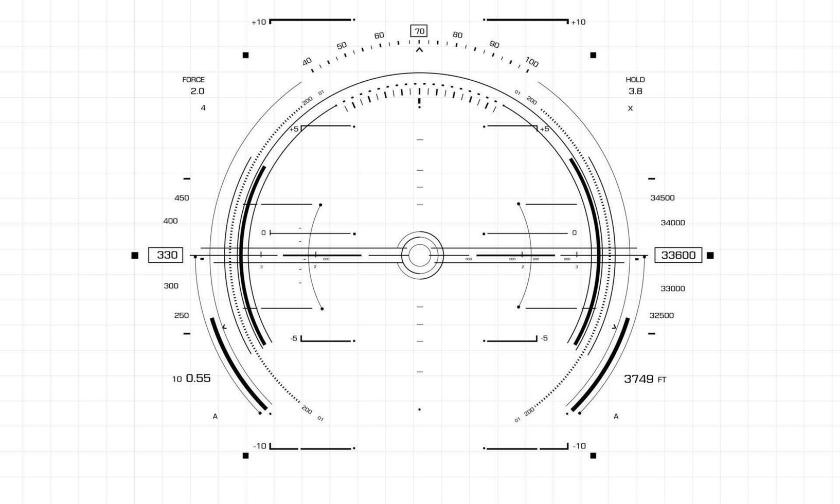 HUD sci-fi interface screen view black on white design virtual reality futuristic technology display vector