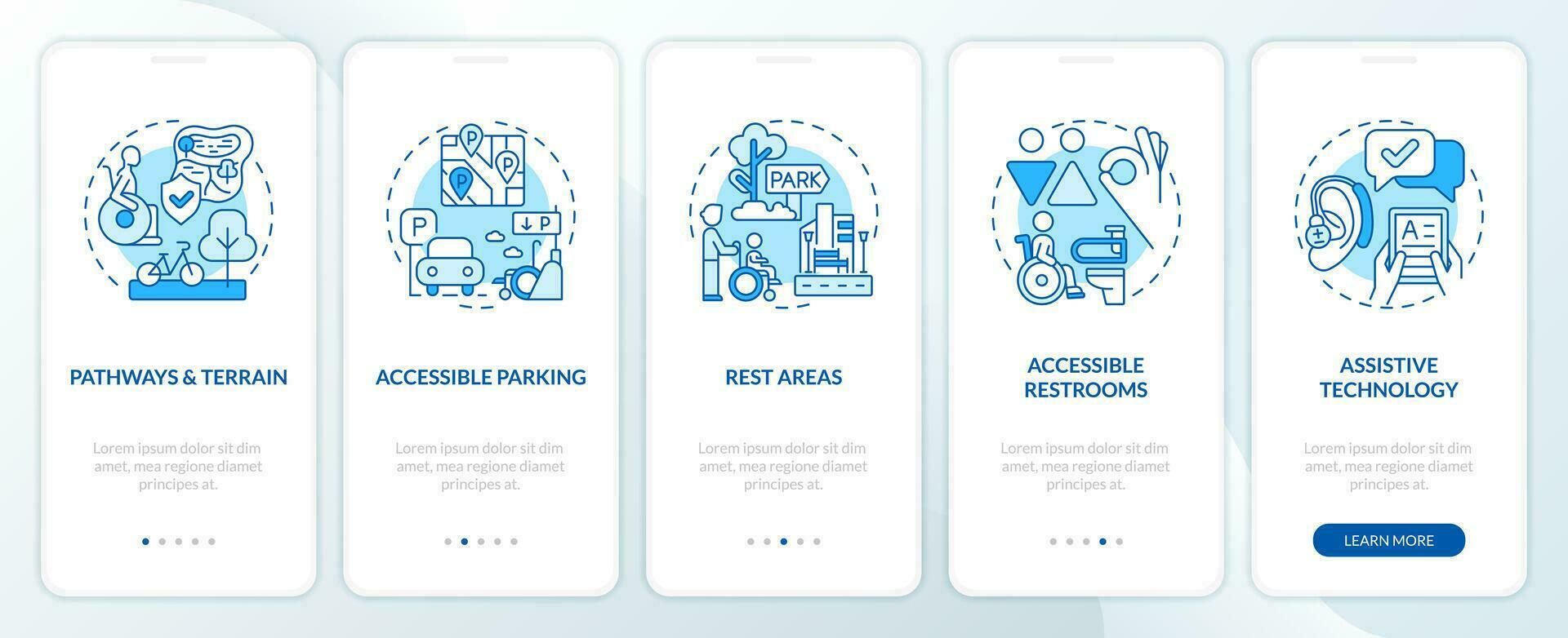 Accessible outdoors blue onboarding mobile app screen. No barrier walkthrough 5 steps editable graphic instructions with linear concepts. UI, UX, GUI template vector