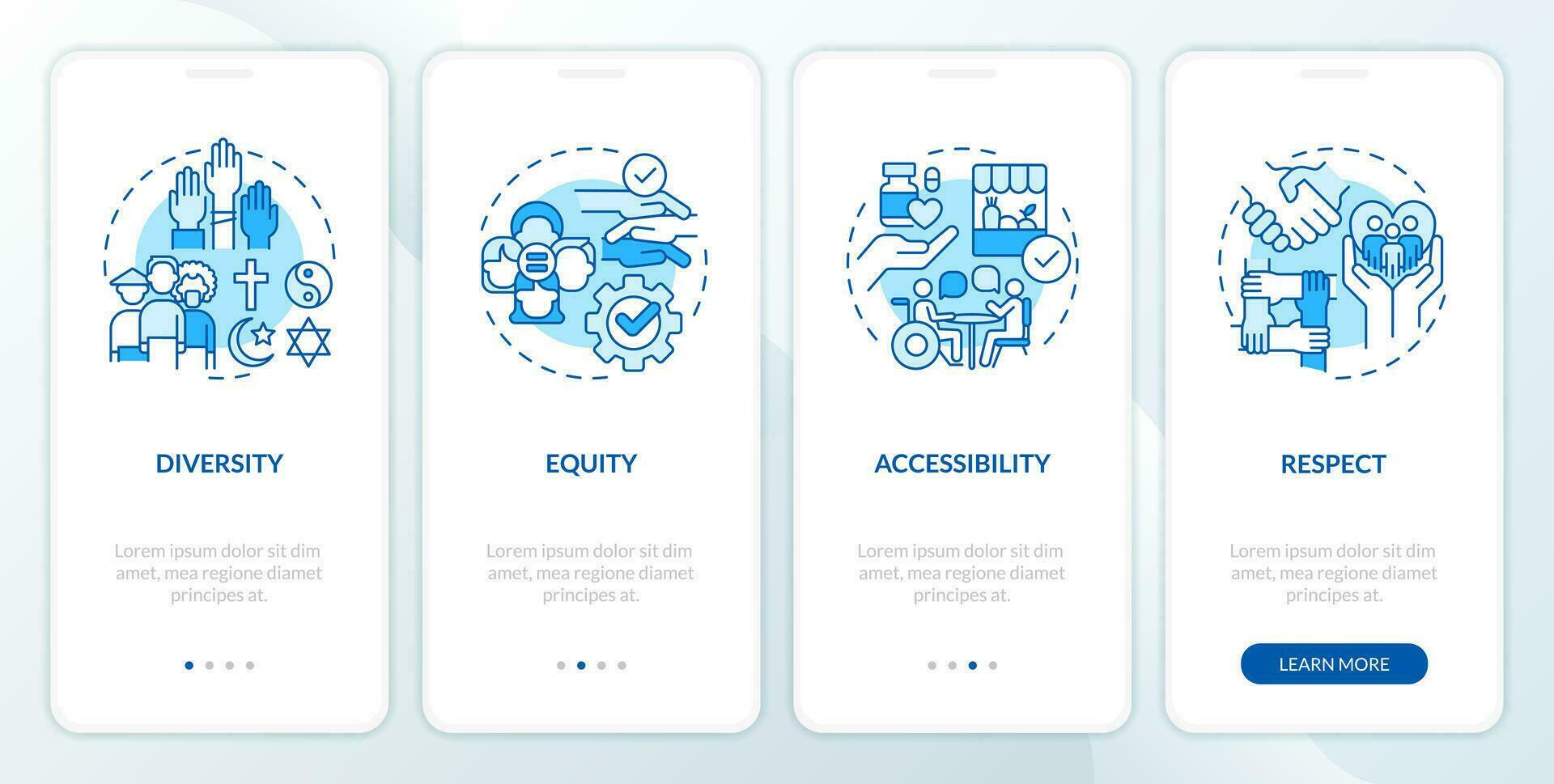 Social inclusion blue onboarding mobile app screen. Social justice walkthrough 4 steps editable graphic instructions with linear concepts. UI, UX, GUI template vector