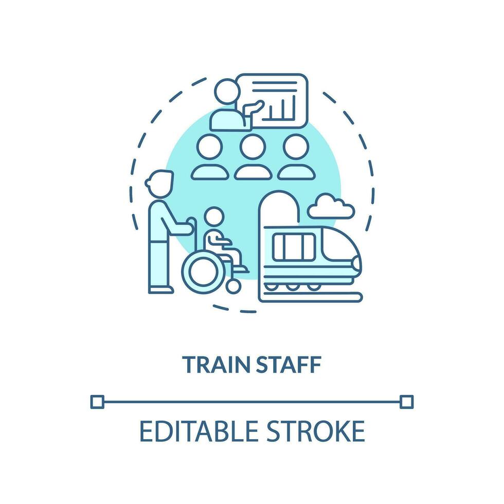 Train staff turquoise concept icon. Cultural sensitivity. Disability assistance. Travel experience. Customer service abstract idea thin line illustration. Isolated outline drawing. Editable stroke vector