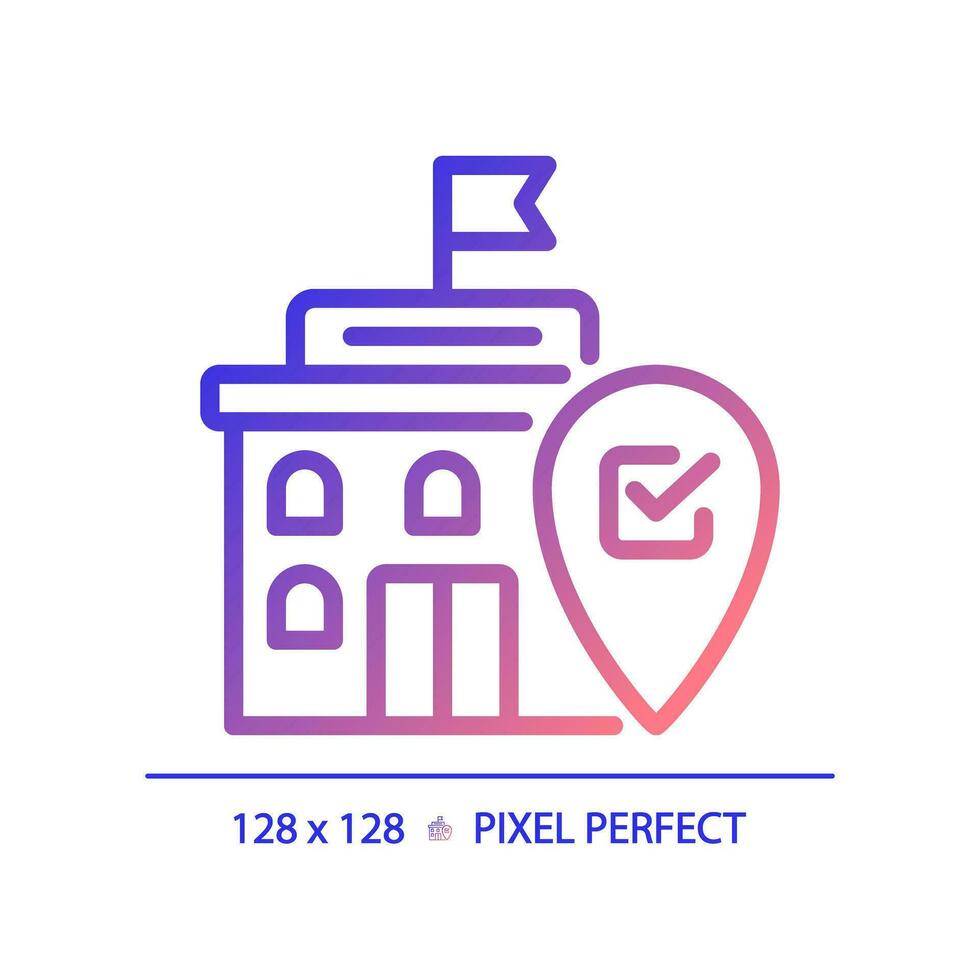 2D pixel perfect gradient icon of government building with location marker icon, isolated vector illustration.