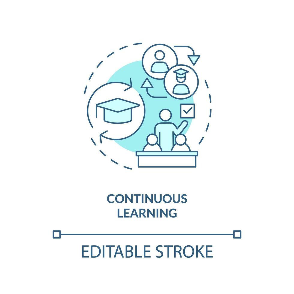 Continuous learning turquoise concept icon. Self development. Unconscious bias. Cultural competence. Diversity education abstract idea thin line illustration. Isolated outline drawing. Editable stroke vector