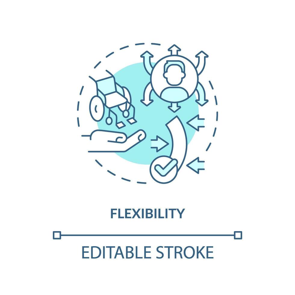 Flexibility turquoise concept icon. Equal access. Inclusive workplace. Continuous improvement. Quick change abstract idea thin line illustration. Isolated outline drawing. Editable stroke vector
