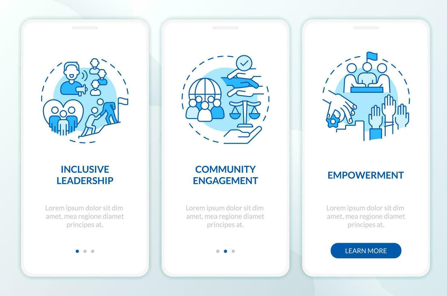 Create inclusive culture blue onboarding mobile app screen. Walkthrough 3 steps editable graphic instructions with linear concepts. UI, UX, GUI template vector