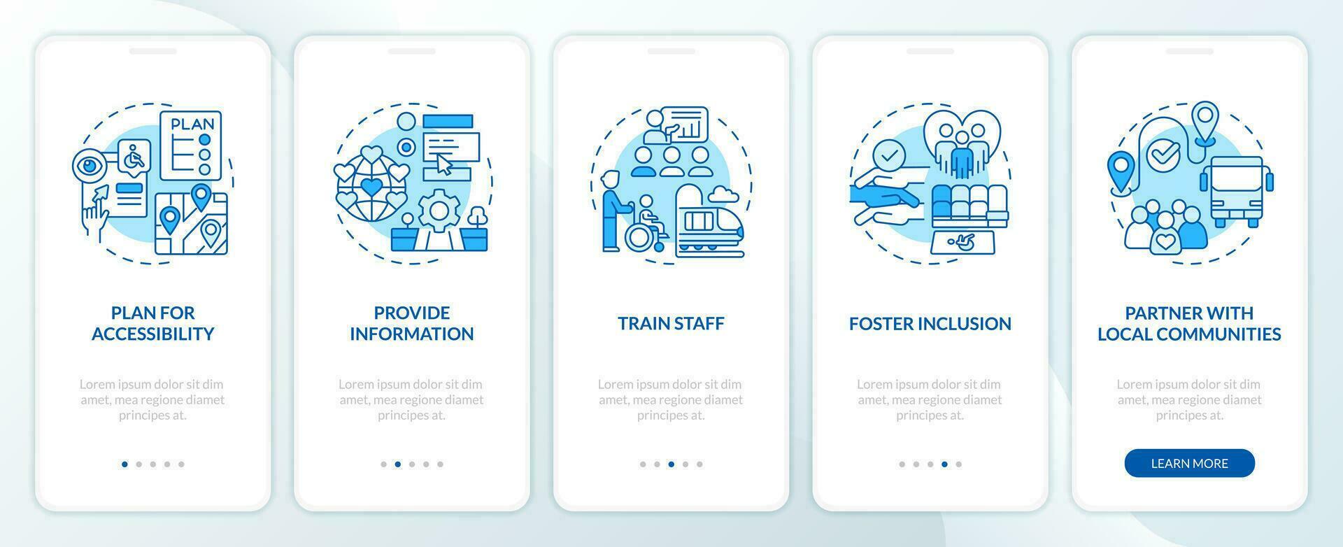 Inclusive travel blue onboarding mobile app screen. Barrier free walkthrough 5 steps editable graphic instructions with linear concepts. UI, UX, GUI template vector