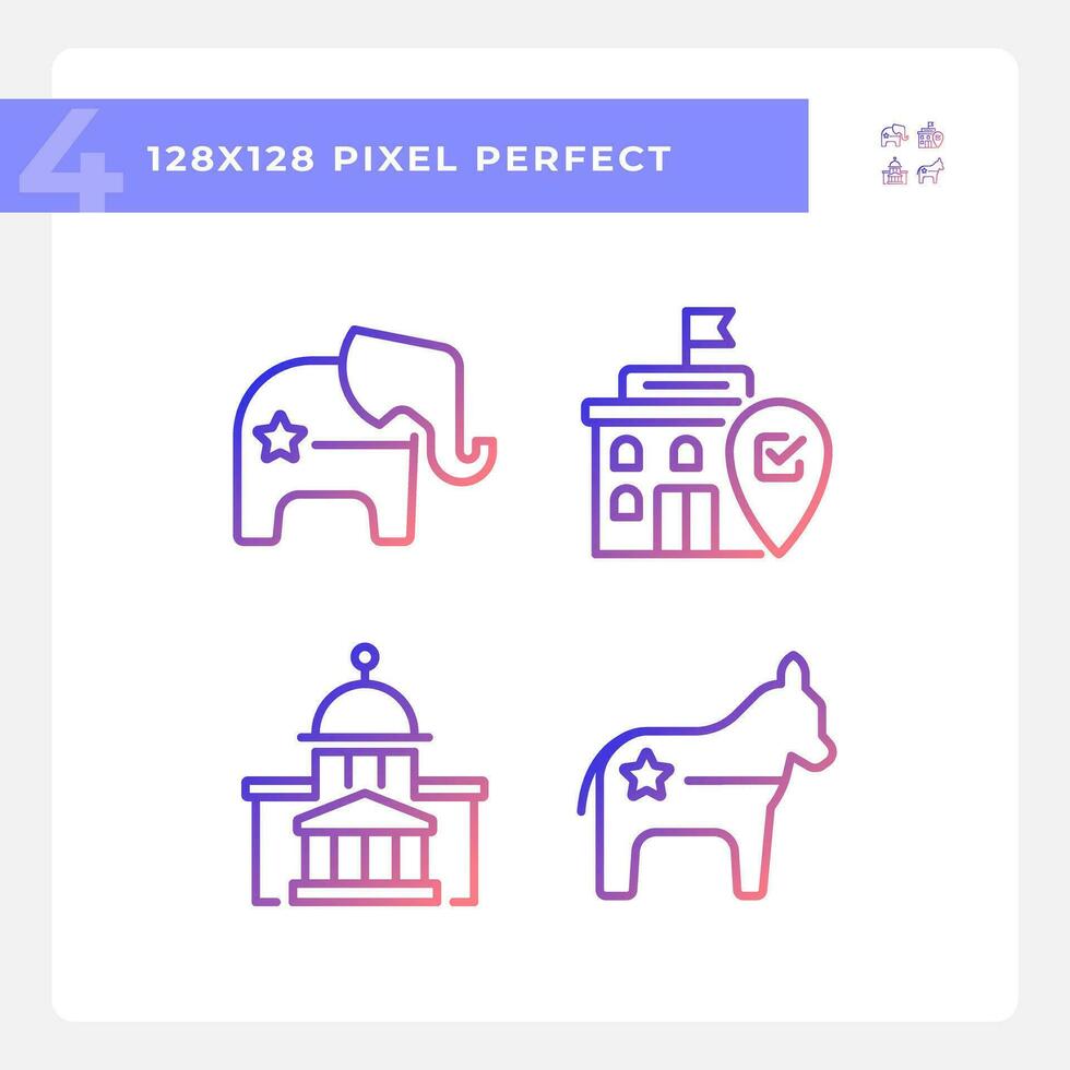 2D pixel perfect gradient icons representing voting and political parties, isolated vector illustration, politics and election signs.